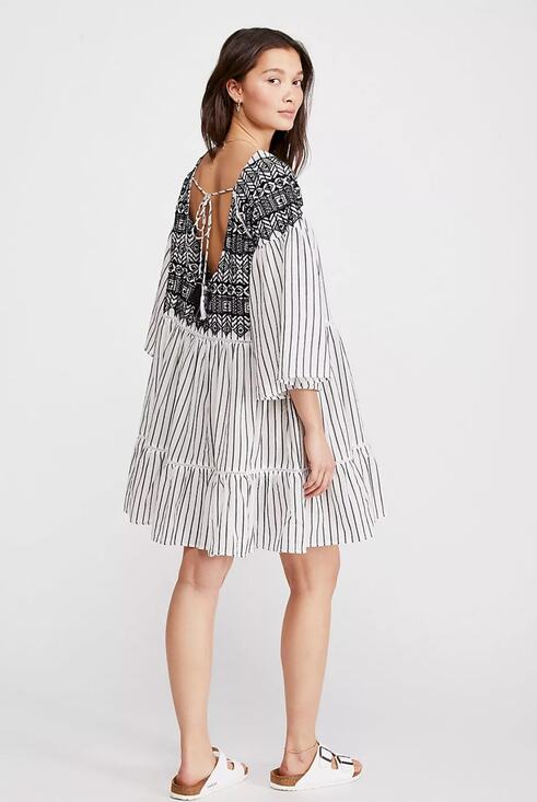 Free People Dresses & Skirts - Free People Lola Mini Dress Embroidered Striped Boho Flowy XS Beachy Oversized